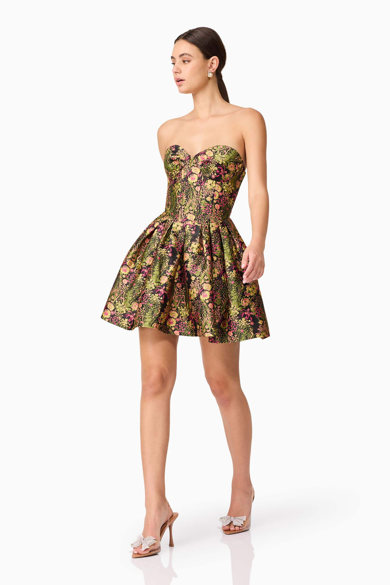 Brunette model wearing Cindy Strapless Mini Dress in Black front shot