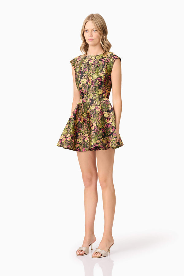 Blonde model wearing Cindy A-Line Mini Dress in Floral side shot