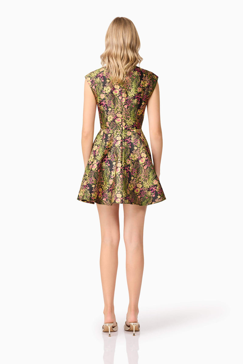 Blonde model wearing Cindy A-Line Mini Dress in Floral back shot
