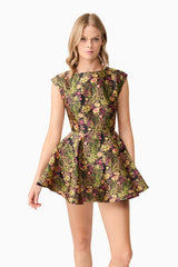Blonde model wearing Cindy A-Line Mini Dress in Floral close up posed shot