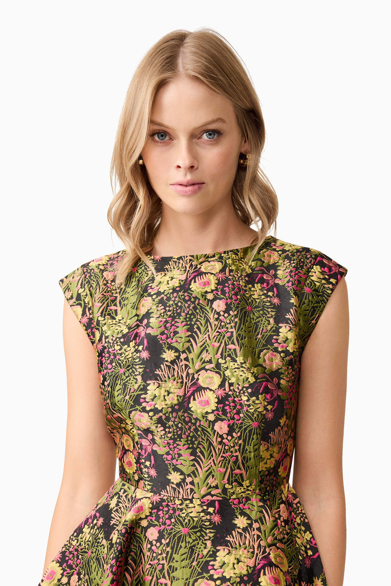 Blonde model wearing Cindy A-Line Mini Dress in Floral close up shot