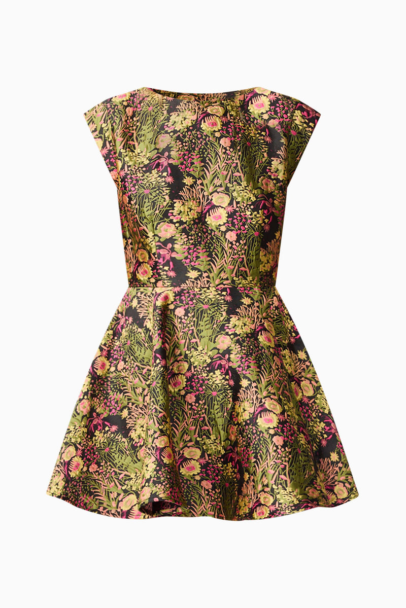 Blonde model wearing Cindy A-Line Mini Dress in Floral ghost shot