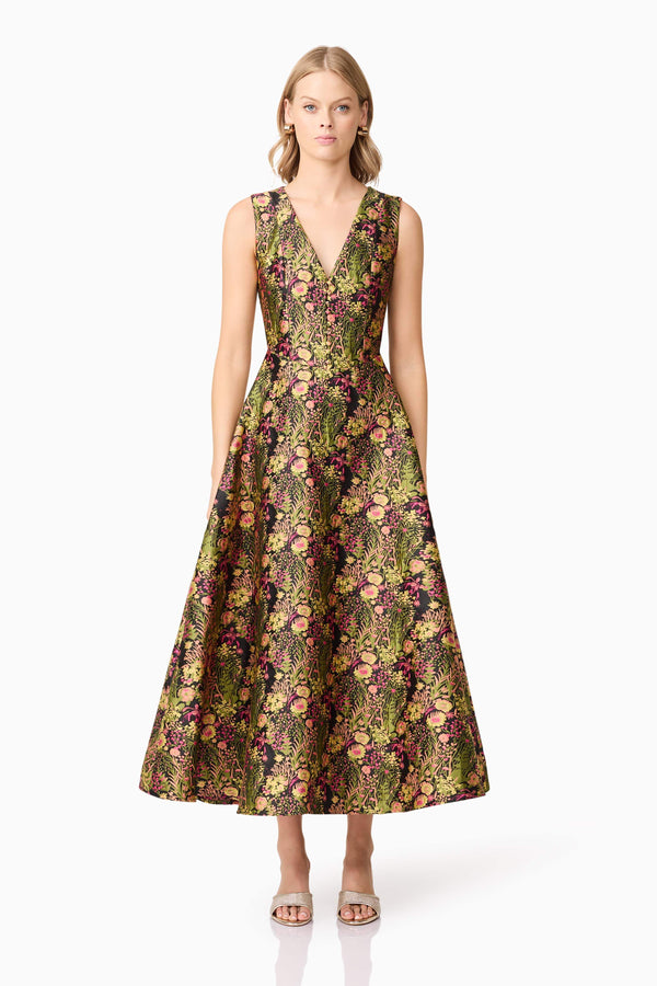 Blonde model wearing Cindy V Neck Gown in Floral front shot