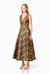 Blonde model wearing Cindy V Neck Gown in Floral side shot
