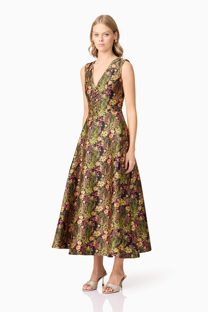 Blonde model wearing Cindy V Neck Gown in Floral side shot