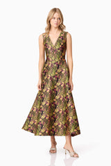 Blonde model wearing Cindy V Neck Gown in Floral posed shot
