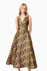 Blonde model wearing Cindy V Neck Gown in Floral close up posed shot