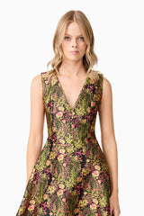 Blonde model wearing Cindy V Neck Gown in Floral close up shot