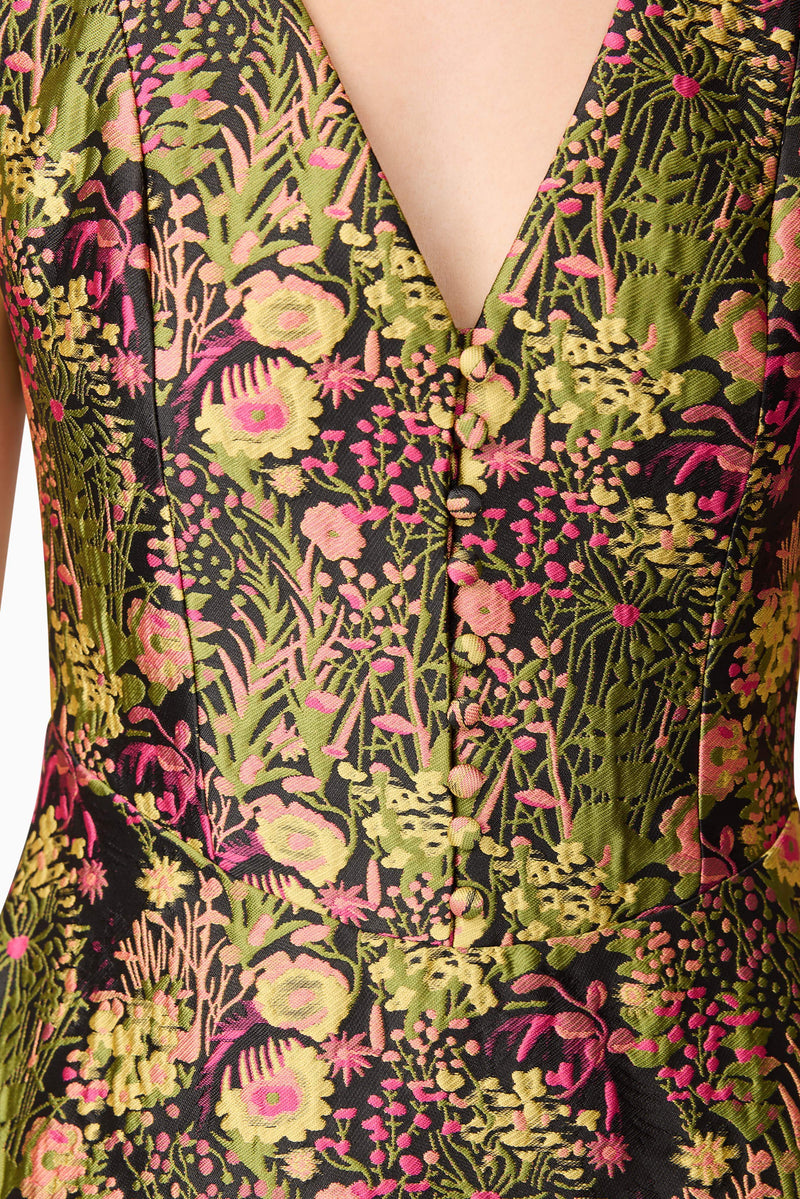 Blonde model wearing Cindy V Neck Gown in Floral detail shot