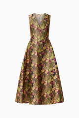 Blonde model wearing Cindy V Neck Gown in Floral ghost shot