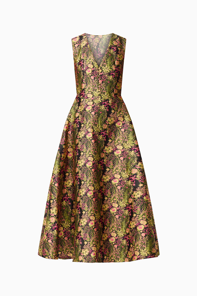 Blonde model wearing Cindy V Neck Gown in Floral ghost shot