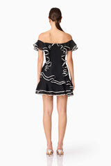 Brunette model wearing Melissa Tiered Mini Dress in Black back shot