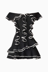 Brunette model wearing Melissa Tiered Mini Dress in Black ghost shot