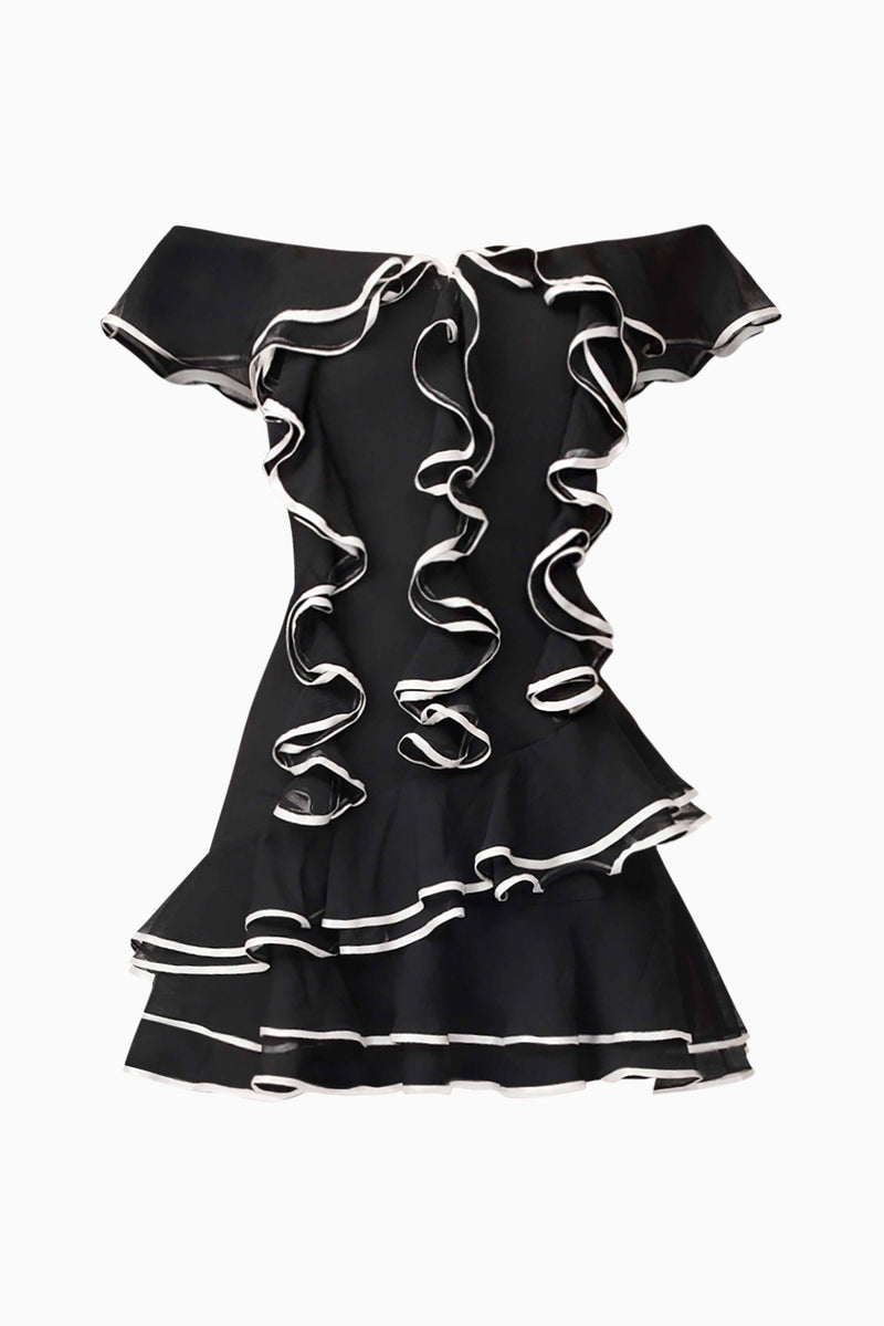 Brunette model wearing Melissa Tiered Mini Dress in Black ghost shot