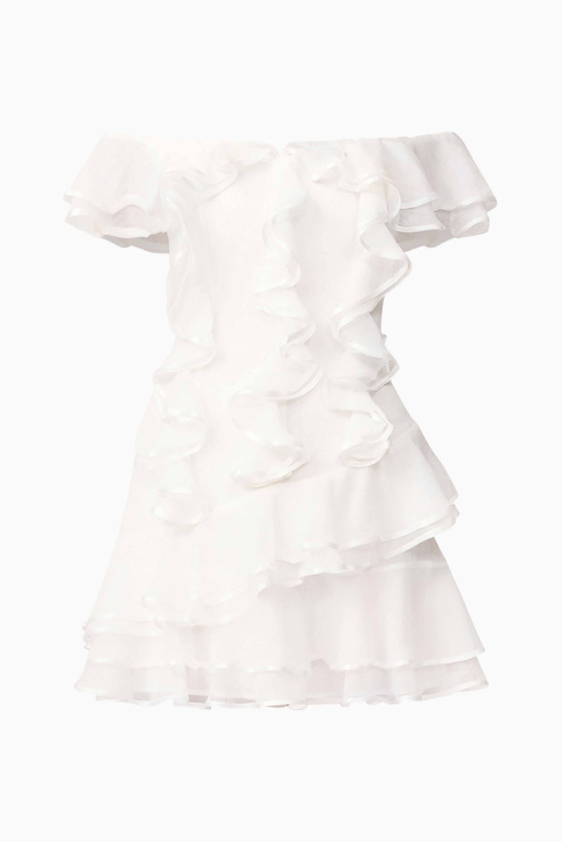 Blonde model wearing Melissa Tiered Mini Dress in White ghost shot