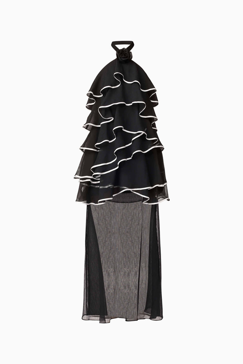 Blonde model wearing Melissa Halter Maxi Dress in Black ghost shot