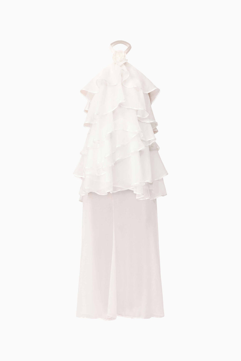 Brunette model wearing Melissa Halter Maxi Dress in White ghost shot