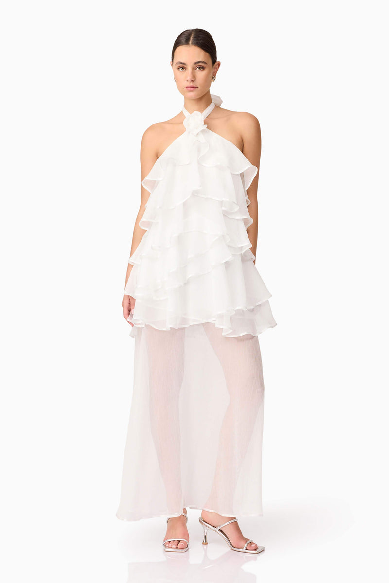 Brunette model wearing Melissa Halter Maxi Dress in White front posed shot
