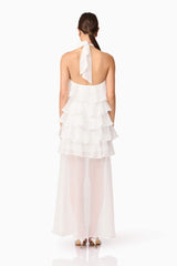 Brunette model wearing Melissa Halter Maxi Dress in White back shot