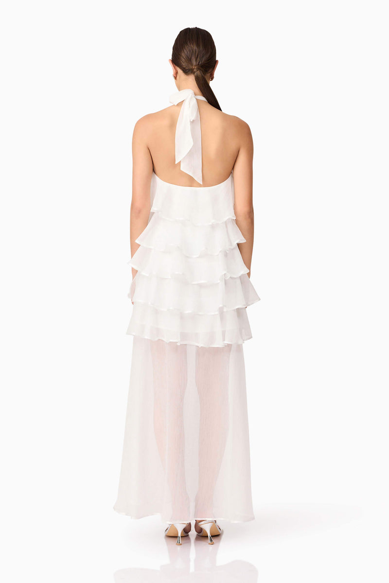 Brunette model wearing Melissa Halter Maxi Dress in White back shot