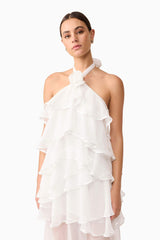 Brunette model wearing Melissa Halter Maxi Dress in White detail shot