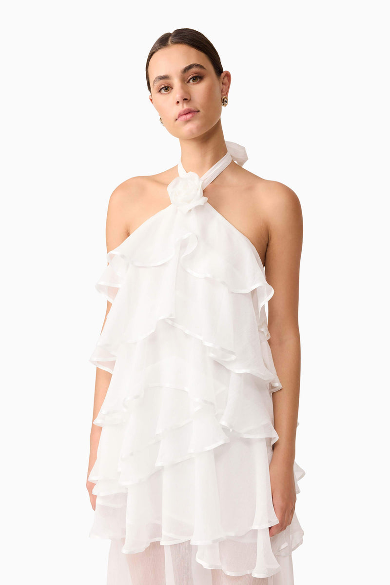 Brunette model wearing Melissa Halter Maxi Dress in White detail shot