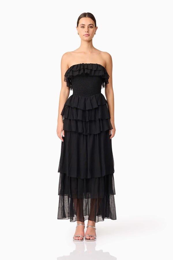Brunette model wearing Melissa Strapless Maxi Dress in Black front shot