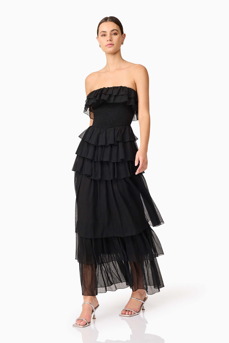 Brunette model wearing Melissa Strapless Maxi Dress in Black posed shot