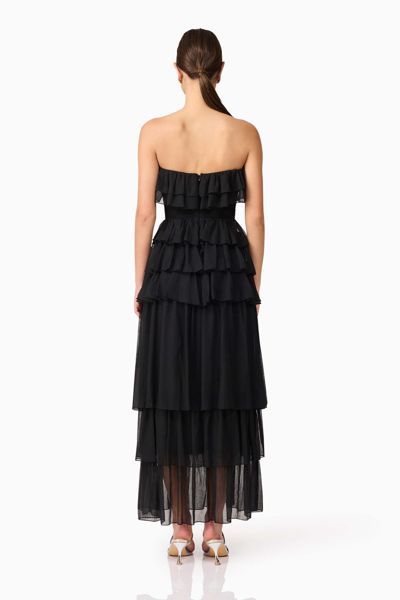 Brunette model wearing Melissa Strapless Maxi Dress in Black back shot
