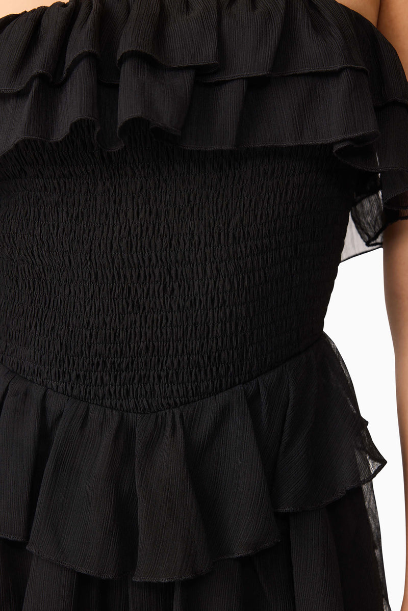 Brunette model wearing Melissa Strapless Maxi Dress in Black detail shot