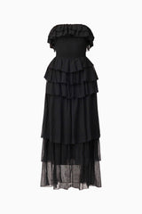 Brunette model wearing Melissa Strapless Maxi Dress in Black ghost shot