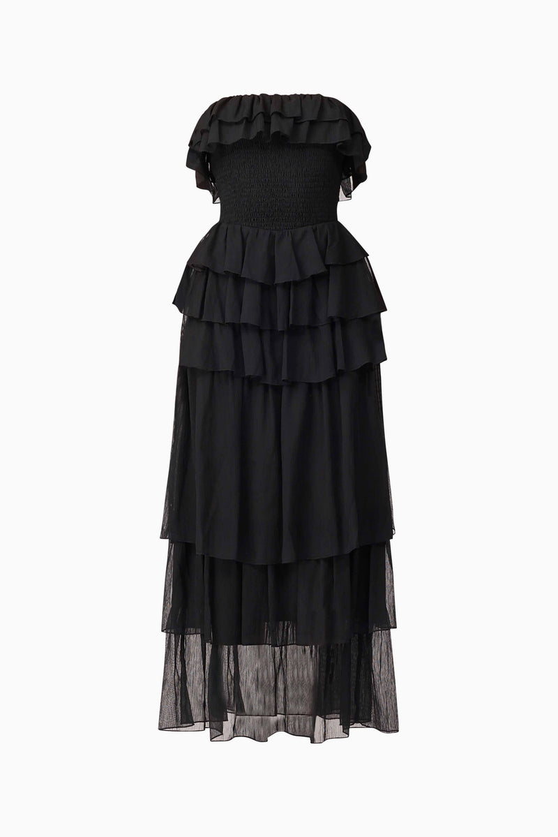 Brunette model wearing Melissa Strapless Maxi Dress in Black ghost shot