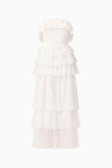 Brunette model wearing Mellisa Strapless Maxi Dress in White ghost shot