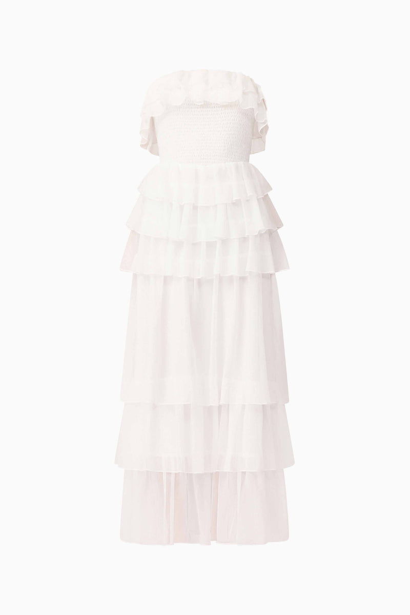 Brunette model wearing Mellisa Strapless Maxi Dress in White ghost shot