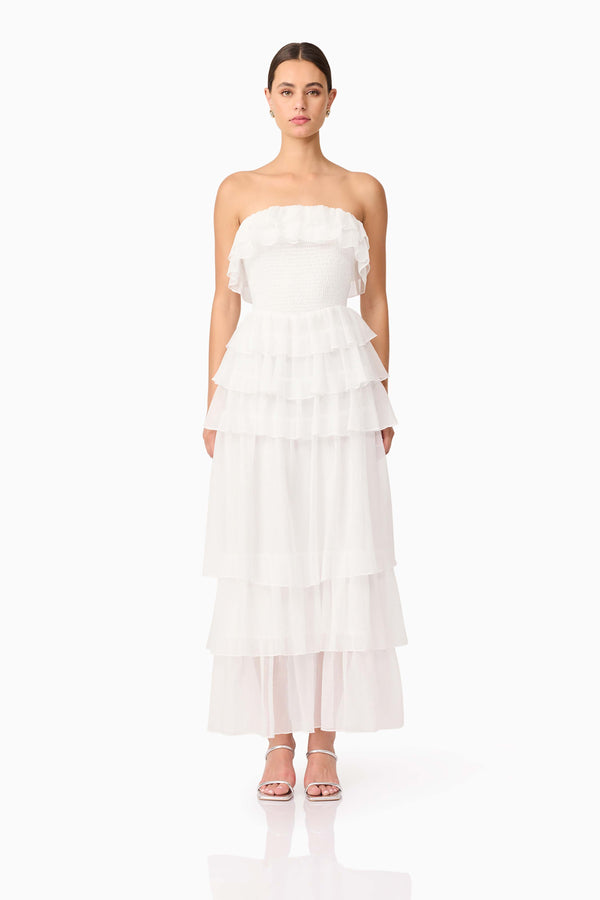 Brunette model wearing Mellisa Strapless Maxi Dress in White front shot