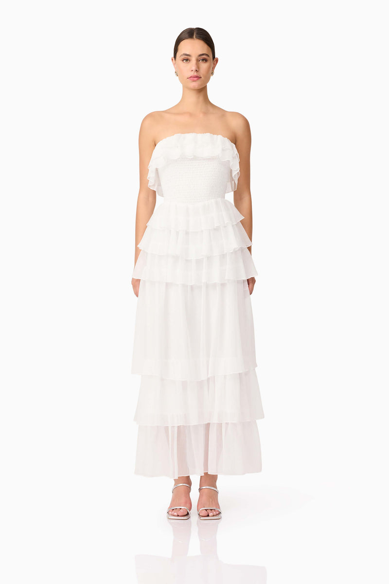 Brunette model wearing Mellisa Strapless Maxi Dress in White front shot