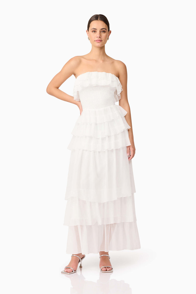 Brunette model wearing Mellisa Strapless Maxi Dress in White posed shot