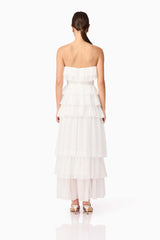 Brunette model wearing Mellisa Strapless Maxi Dress in White back shot