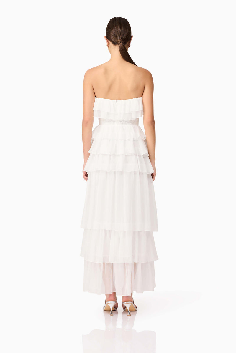 Brunette model wearing Mellisa Strapless Maxi Dress in White back shot