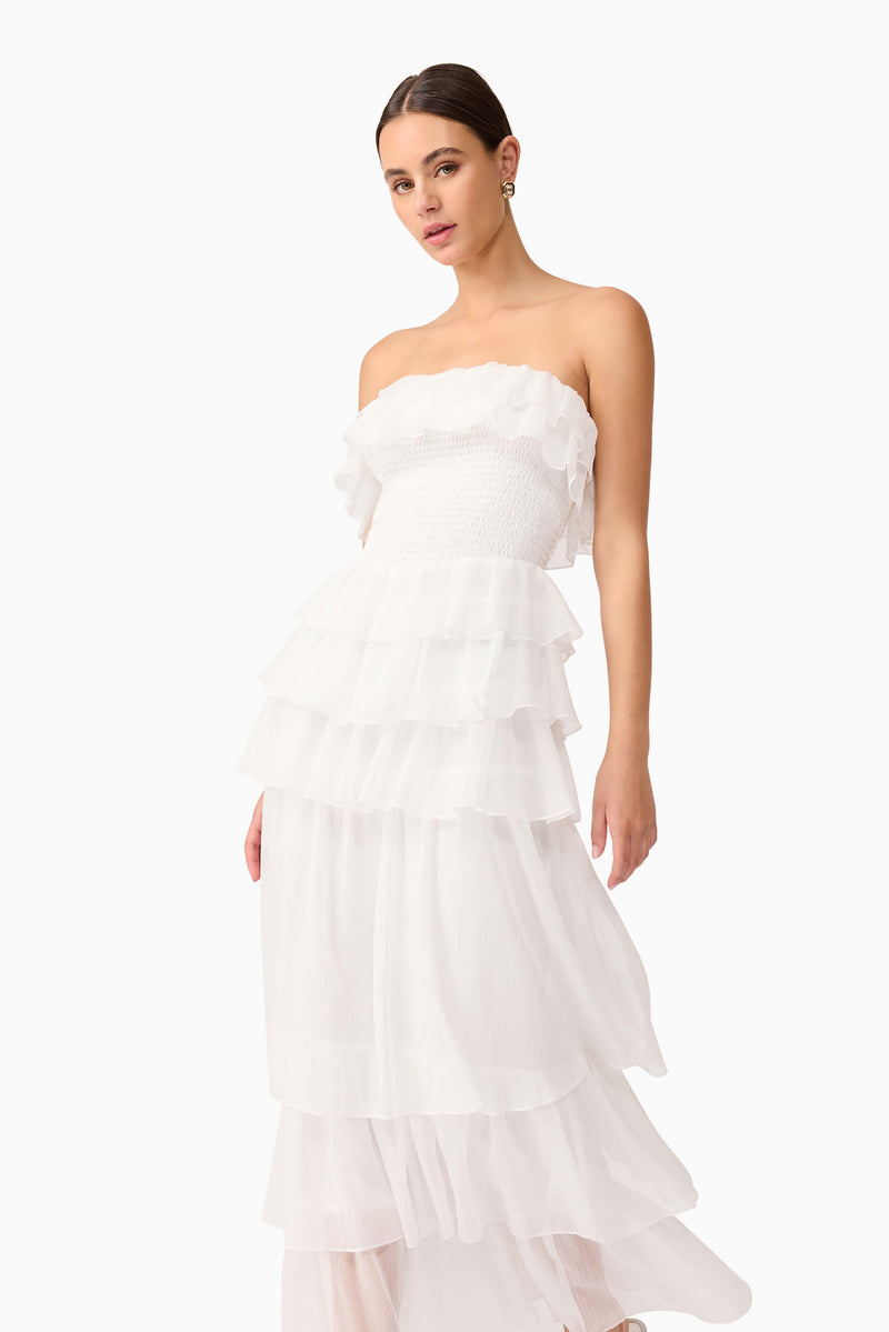 Brunette model wearing Mellisa Strapless Maxi Dress in White close up shot