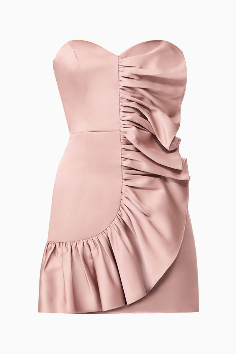 Brunette model wearing Laura Strapless Mini Dress in Pink ghost shot