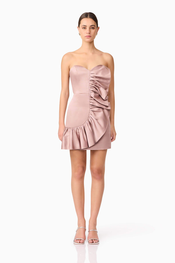 Brunette model wearing Laura Strapless Mini Dress in Pink front shot