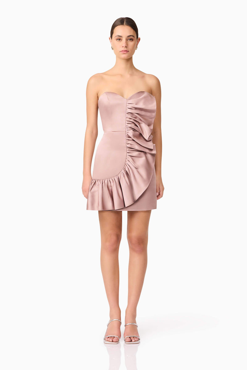Brunette model wearing Laura Strapless Mini Dress in Pink front shot