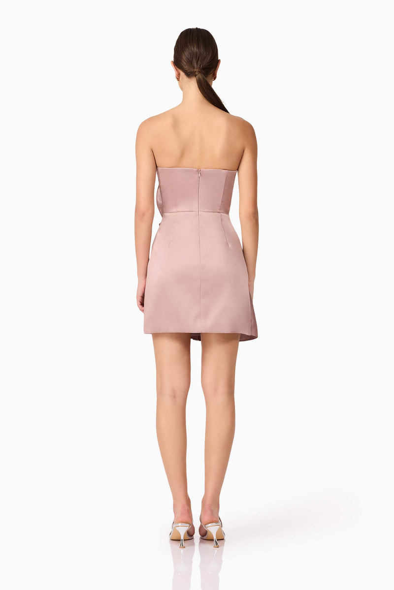 Brunette model wearing Laura Strapless Mini Dress in Pink back shot