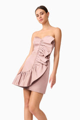 Brunette model wearing Laura Strapless Mini Dress in Pink close up shot