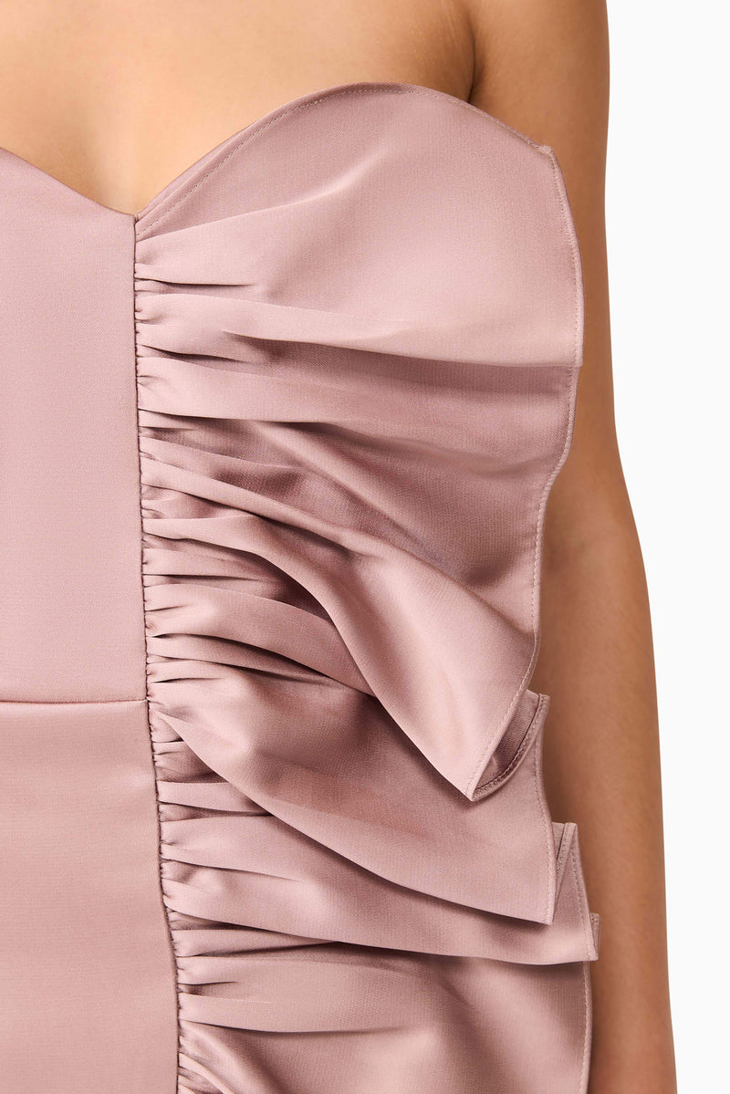 Brunette model wearing Laura Strapless Mini Dress in Pink detail shot