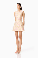 Carys A-Line Mini Dress in Cream with sleeveless detailing & jacquard fabrication side shot