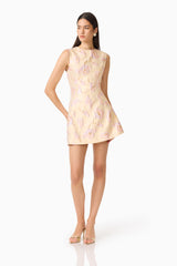 Carys A-Line Mini Dress in Cream with sleeveless detailing & jacquard fabrication posed shot