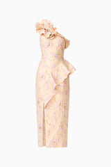 Carys Asymmetrical Midi Dress in Cream with ruffles and floral jacquard print ghost shot