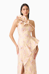 Carys Asymmetrical Midi Dress in Cream with ruffles and floral jacquard print close up hand on hips 